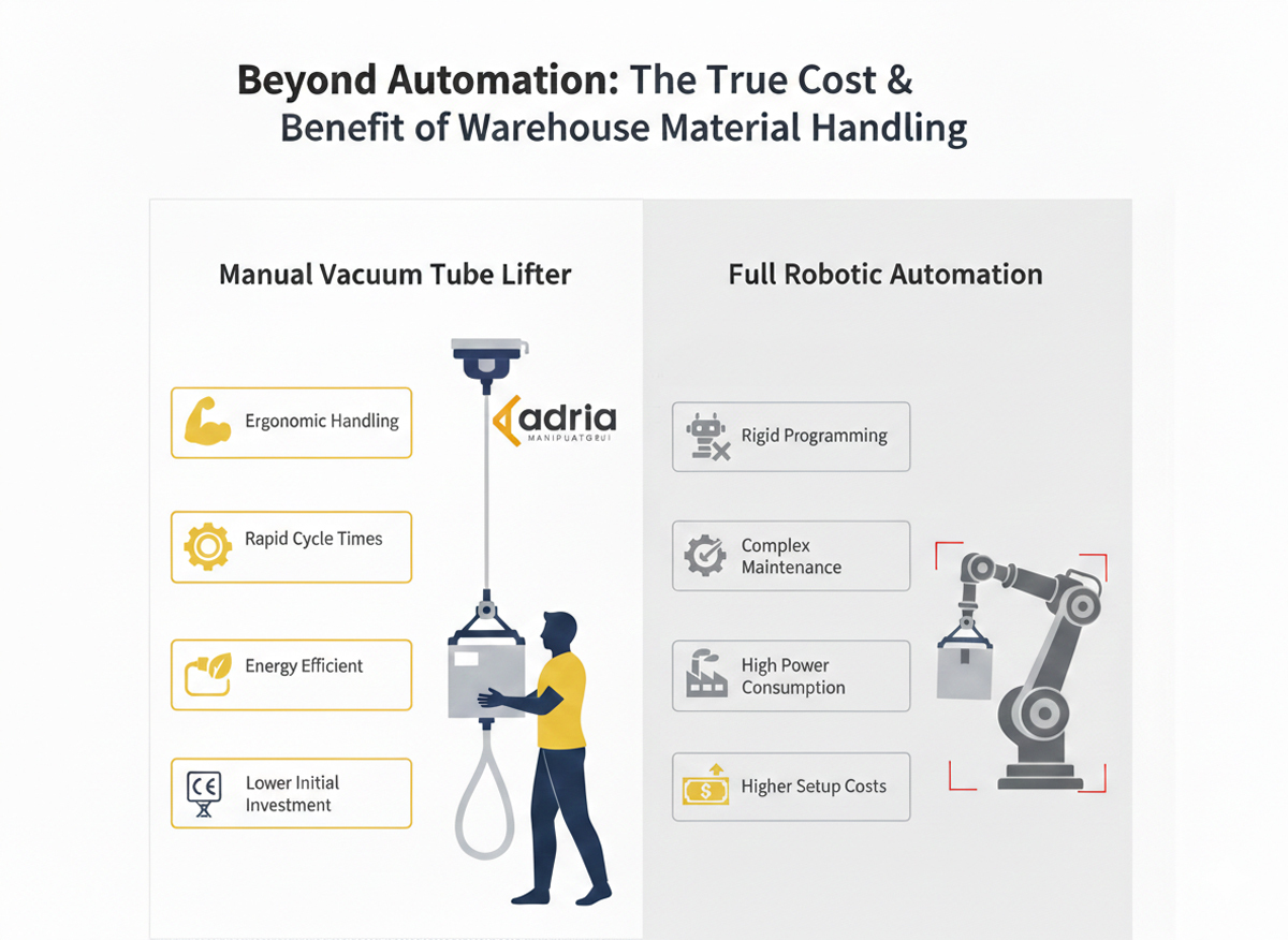 Manual vacuum tube lifter for rapid order picking in a 2026 logistics warehouse